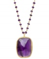 Adorn yourself with the season's hottest hues: jewel tones! This eye-catching pendant features a rectangular-shaped amethyst pendant and an 18k gold over sterling silver setting and chain adorned with amethyst beads (17-1/10 ct. t.w.). Approximate length: 18 inches. Approximate drop: 1-3/16 inches.