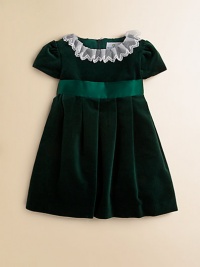 A delicate lace collar adorns the neckline of this plush velvet frock with matching satin sash for a party-perfect look.Lace collarShort puff sleevesBack zipperWaistband with satin sashPleated skirtCottonMachine washImported A delicate lace collar adorns the neckline of this plush velvet frock with matching satin sash for a party-perfect look.Lace collarShort puff sleevesBack zipperWaistband with satin sashPleated skirtCottonMachine washImported