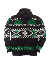 A shawl-collar sweater is updated in a hardy knit with an allover intarsia motif for fun holiday style. A shawl-collar sweater is updated in a hardy knit with an allover intarsia motif for fun holiday style.