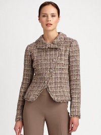 Wonderfully textural tweed, tailored in a body-conscious, ultra feminine silhouette.Notched foldover collarAsymmetrical button frontSide welt pocketsFully linedAbout 19 from shoulder to hem95% metallic thread/5% polyesterDry cleanImportedModel shown is 5'10½ (177cm) wearing US size 4. Wonderfully textural tweed, tailored in a body-conscious, ultra feminine silhouette.Notched foldover collarAsymmetrical button frontSide welt pocketsFully linedAbout 19 from shoulder to hem95% metallic thread/5% polyesterDry cleanImportedModel shown is 5'10½ (177cm) wearing US size 4.