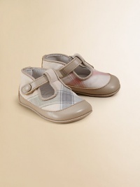 Soft-tone signature check design with supple leather trim for memorable first steps.Cotton and leather upper Snap strap closure Padded insole Leather sole Imported Soft-tone signature check design with supple leather trim for memorable first steps.Cotton and leather upper Snap strap closure Padded insole Leather sole Imported