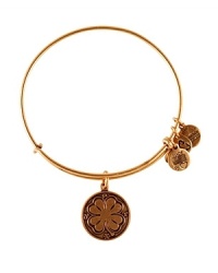 The luck of Irish inspires this Alex and Ani bangle, designed for simple symbolism in plated metal with an etched Four Leaf Clover charm.