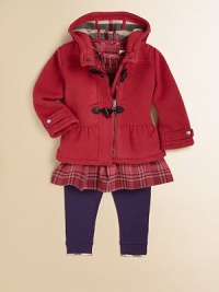 An ultra-toasty wool coat with toggle buttons, attached hood, check lining and pretty peplum hem for your little snow bunny.Attached hood with button closureShoulder patchesLong sleeves with snap cuffsFront zip with toggle buttonsPeplum hemFully linedWoolDry cleanImported An ultra-toasty wool coat with toggle buttons, attached hood, check lining and pretty peplum hem for your little snow bunny.Attached hood with button closureShoulder patchesLong sleeves with snap cuffsFront zip with toggle buttonsPeplum hemFully linedWoolDry cleanImported