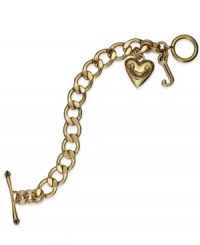 Stylishly romantic. Juicy Couture's lovely bracelet gets your heart racing with heart and J-shaped charms. Complete with a toggle closure. Chain crafted in gold tone stainless steel. Charms crafted in gold tone mixed metal. Approximate length: 8 inches. Approximate drop: 1 inches. Stylishly romantic. Juicy Couture's lovely bracelet gets your heart racing with heart and J-shaped charms. Complete with a toggle closure. Chain crafted in gold tone stainless steel. Charms crafted in gold tone mixed metal. Approximate length: 8 inches. Approximate drop: 1 inches.