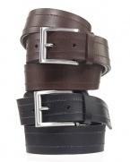This stylish leather belt with stitching detail is the perfect finishing touch to a sleek suit.