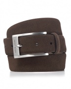 Softer textures for your casual look, this handsome belt is crafted in suede and accented polished silvertone hardware.