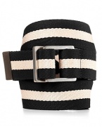 The double silver buckle gives this sporty stripe belt a sharp, modern edge.