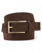 Finish off your attire with this handsome skinny belt, featuring soft suede and a thin rectangular brass buckle.