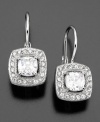 These eye-catching drop earrings add dramatic luster to everyday or evening wear. With a princess-cut cubic zirconia (1 ct. t.w.) surrounded by clear crystals on silvertone rhodium plated mixed metal. Drop measures approximately 3/4 inch.