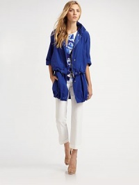 Casual and chic, in brightly-hued cotton dressed up with drawstring details.Stand collar with snap tab closureConcealed front zipCuffed three-quarter sleevesDrawstring waistDrawstring hemlineInverted back pleatAbout 29 from shoulder to hem55% cotton/45% polyamideDry cleanMade in Italy of imported fabricModel shown is 5'9 (175cm) wearing US size 4.OUR FIT MODEL RECOMMENDS ordering true size. Casual and chic, in brightly-hued cotton dressed up with drawstring details.Stand collar with snap tab closureConcealed front zipCuffed three-quarter sleevesDrawstring waistDrawstring hemlineInverted back pleatAbout 29 from shoulder to hem55% cotton/45% polyamideDry cleanMade in Italy of imported fabricModel shown is 5'9 (175cm) wearing US size 4.OUR FIT MODEL RECOMMENDS ordering true size.