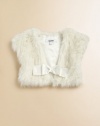 Add instant glamorous appeal to any style with this playful faux fur shrug complete with a satin bow accent.Faux fur designV-neckCap sleevesBow accentFront snap closurePolyester/Acrylic/ModacrylicMachine washImportedThis style runs true to size. We recommend ordering your usual size for a standard fit. 