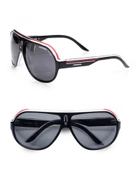 In black and red lightweight plastic with a temple logo detail, these sporty shield sunglasses are a perfect choice for weekend outings.Injected propionatePolarized ebony lens100% UV protectiveMade in Italy