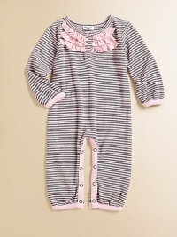 A darling onesie with comfy allover ribbing and pretty ruffles at the collar.CrewneckFront buttonsLong sleevesBottom snap closure50% polyester/25% pima cotton/25% micromodalMachine washImported Please note: Number of buttons may vary depending on size ordered. A darling onesie with comfy allover ribbing and pretty ruffles at the collar.CrewneckFront buttonsLong sleevesBottom snap closure50% polyester/25% pima cotton/25% micromodalMachine washImported Please note: Number of buttons may vary depending on size ordered.