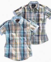Plaid is perfect for any season. Sporty style in this Nautica shirt will be part of his spring and summer staples. Plaid is perfect for any season. Sporty style in this Nautica shirt will be part of his spring and summer staples.