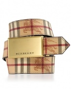 Belt with check print and plaque buckle.