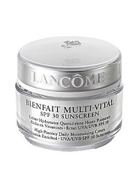 Bienfait Multi-Vital features a unique complex of nurturing Vitamins E, CG, and B5, plus high potency of moisturization for 24-hour ideal hydration. Your skin will look its healthy-best and feel touchably soft all day. With dermatologist recommended UVA/UVB SPF 30 sunscreen and essential anti-oxidant protection, Bienfait Multi-Vital gives your skin what it needs to help fight the visible effects of environmental skin damage. Apply this hydrating cream every day on your face and throat before sun exposure.