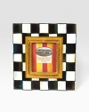 Display your treasured moments in this opulent, hand-painted frame with gilt inner molding.Hand-painted checks on enameled steelGlassAccommodates a 2.5 X 3 photographOverall, 6 X 6.5Linen-covered easel and backImported