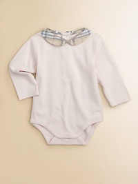 A charming Peter Pan collar of woven checks turns a basic bodysuit into a pretty layer under a jumper, skirt or leggings.Woven Peter Pan collarBack button placketLong sleevesSnap bottomCottonMachine washImported Please note: Number of buttons may vary depending on size ordered. A charming Peter Pan collar of woven checks turns a basic bodysuit into a pretty layer under a jumper, skirt or leggings.Woven Peter Pan collarBack button placketLong sleevesSnap bottomCottonMachine washImported Please note: Number of buttons may vary depending on size ordered.
