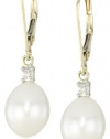 10k Gold Freshwater Cultured Pearl and Diamond Drop Earrings