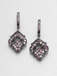 In an icy cool spectrum, these open quatrefoil-shaped drops hang gracefully from stone-set hoops.Blue sapphire, white topaz and blue topazBlack rhodium-plated sterling silverLength, about 1PiercedImported In an icy cool spectrum, these open quatrefoil-shaped drops hang gracefully from stone-set hoops.Blue sapphire, white topaz and blue topazBlack rhodium-plated sterling silverLength, about 1PiercedImported