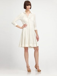 Fitted through the bodice and waist, this lightweight dress of delicate eyelet lace is a beautiful silhouette. Shirt collarLong sleeves with fold-back cuffsHidden placket button-down frontSolid band at hemAbout 21 from natural waist65% rayon/25% nylon/10% linenDry cleanImportedModel shown is 5'10.5 (179cm) wearing US size 4. Fitted through the bodice and waist, this lightweight dress of delicate eyelet lace is a beautiful silhouette. Shirt collarLong sleeves with fold-back cuffsHidden placket button-down frontSolid band at hemAbout 21 from natural waist65% rayon/25% nylon/10% linenDry cleanImportedModel shown is 5'10.5 (179cm) wearing US size 4.