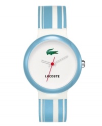Flash those baby blues with this men's and women's creation from Lacoste. Goa watch crafted of blue and white stripe silicone strap and round plastic case. White dial features iconic crocodile logo at twelve o'clock, printed text logo at six o'clock and three hands. Quartz movement. Water resistant to 30 meters. Two-year limited warranty. Flash those baby blues with this men's and women's creation from Lacoste. Goa watch crafted of blue and white stripe silicone strap and round plastic case. White dial features iconic crocodile logo at twelve o'clock, printed text logo at six o'clock and three hands. Quartz movement. Water resistant to 30 meters. Two-year limited warranty.