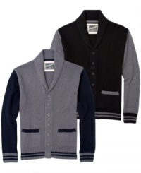 Retrofit takes the look of an old-time letterman's sweater and brings it into the 21st century with a washable cotton-blend cardigan detailed-striped ribbing, contrast sleeves-like a classic varsity jacket. Retrofit takes the look of an old-time letterman's sweater and brings it into the 21st century with a washable cotton-blend cardigan detailed-striped ribbing, contrast sleeves-like a classic varsity jacket.