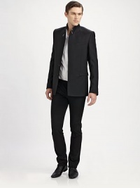 A forward-thinking jacket with Nehru inspiration, crafted in rich virgin wool with a stand collar and concealed buttonfront. A ring detail at the collar adds new interest. Concealed buttonfrontRing detailWaist flap pocketsFully linedAbout 30 from shoulder to hemVirgin woolDry cleanMade in Italy A forward-thinking jacket with Nehru inspiration, crafted in rich virgin wool with a stand collar and concealed buttonfront. A ring detail at the collar adds new interest. Concealed buttonfrontRing detailWaist flap pocketsFully linedAbout 30 from shoulder to hemVirgin woolDry cleanMade in Italy