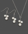 Triple your elegance with clusters of three perfect pearls. Jewelry set features cultured freshwater pearl (6-7 mm) clusters set in sterling silver. Approximate length: 18 inches. Approximate necklace drop: 1-1/4 inches. Approximate earring drop: 1-3/4 inches.