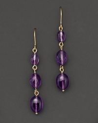 A gorgeous triple drop earring imagined with amethyst and yellow gold links. A gorgeous triple drop earring imagined with amethyst and yellow gold links.