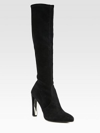 Stretch suede in a knee-high silhouette with a partially lacquered heel and rubber sole for traction. Self-covered and lacquered heel, 4 (100mm)Covered platform, ½ (15mm)Compares to a 3½ heel (90mm)Shaft, 18Leg circumference, 13Stretch suede upperLeather liningRubber solePadded insoleImportedOUR FIT MODEL RECOMMENDS ordering one half size up as this style runs small. Stretch suede in a knee-high silhouette with a partially lacquered heel and rubber sole for traction. Self-covered and lacquered heel, 4 (100mm)Covered platform, ½ (15mm)Compares to a 3½ heel (90mm)Shaft, 18Leg circumference, 13Stretch suede upperLeather liningRubber solePadded insoleImportedOUR FIT MODEL RECOMMENDS ordering one half size up as this style runs small.