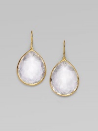 A bold faceted teardrop of clear quartz shimmers within a delicate setting of 18k gold. Clear quartz 18k yellow gold Drop, about 1½ Ear wire Imported A bold faceted teardrop of clear quartz shimmers within a delicate setting of 18k gold. Clear quartz 18k yellow gold Drop, about 1½ Ear wire Imported