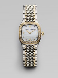 Distinctively textured links with smooth edges are thoroughly modern and thoroughly elegant in a bracelet watch of stainless steel, sterling silver and 18K gold with a shimmering diamond bezel. Swiss quartz movement Rounded square case, 25mm White mother-of-pearl dial Diamond hour markers with golden Arabic numerals Scratch-resistant sapphire crystal Cable link bracelet, 16mm Diamonds, 0.54 tcw Water-resistant to three ATM Imported Distinctively textured links with smooth edges are thoroughly modern and thoroughly elegant in a bracelet watch of stainless steel, sterling silver and 18K gold with a shimmering diamond bezel. Swiss quartz movement Rounded square case, 25mm White mother-of-pearl dial Diamond hour markers with golden Arabic numerals Scratch-resistant sapphire crystal Cable link bracelet, 16mm Diamonds, 0.54 tcw Water-resistant to three ATM Imported