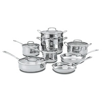 With aluminum-encapsulated bases for even heat distribution, a unique belly-shaped design, stay-cool stick handles contoured to fit your hand and tempered glass covers that seal in moisture, this Cuisinart 13-piece cookware set helps you get professional results at home. Qualifies for Rebate With aluminum-encapsulated bases for even heat distribution, a unique belly-shaped design, stay-cool stick handles contoured to fit your hand and tempered glass covers that seal in moisture, this Cuisinart 13-piece cookware set helps you get professional results at home. Qualifies for Rebate