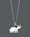 Let your bohemian side shine in this unique Studio Silver pendant. The shiny silhouette of an elephant with its trunk promises good luck, while a purple glass charm adds a shimmery touch of color. Charms and setting crafted in sterling silver and strung from a grey rope cord. Approximate length: 16 inches + 2-inch extender. Approximate drops 3/4 inch x 1 inch and 1/3 inch.