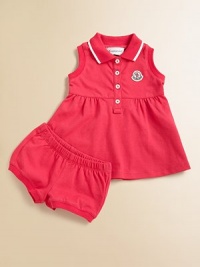 Sweet and sporty, in soft pique knit, a charming and comfy warm-weather look for your little girl.Ribbed polo collar with striped tippingSleeveless with ribbed armholesButton placketLogo appliqué at chest Softly gathered Empire waistMatching bloomers with elasticized waist and ribbed leg openings96% cotton/4% elastaneMachine washImported Please note: Number of buttons may vary depending on size ordered. 