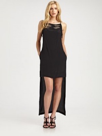 From the delicately fringed neckline to the asymmetric hi-lo hem, this stunning silk sheath evokes just the right touch of contemporary drama.Fringed necklineSleevelessSlash side pocketsBack tie closureDeep scoopbackAbout 32 from natural waistSilkImportedModel shown is 5'10 (177cm) wearing US size Small. From the delicately fringed neckline to the asymmetric hi-lo hem, this stunning silk sheath evokes just the right touch of contemporary drama.Fringed necklineSleevelessSlash side pocketsBack tie closureDeep scoopbackAbout 32 from natural waistSilkImportedModel shown is 5'10 (177cm) wearing US size Small.