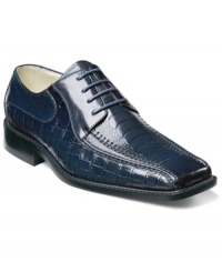 It's a jungle out there--and it shows in this pair of oxford men's dress shoes with a mash-up of animal skin treatments. Crafted in buffalo leather with crocodile and ostrich prints, it features a lace-up closure, smooth bike toe and rubber sole. Imported. It's a jungle out there--and it shows in this pair of oxford men's dress shoes with a mash-up of animal skin treatments. Crafted in buffalo leather with crocodile and ostrich prints, it features a lace-up closure, smooth bike toe and rubber sole. Imported.