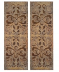 Something new for the traditional home. Two large panels of heavily antiqued florals accent empty spaces above the bed or sofa with elegant symmetry. A rusty brown palette and distressed gold highlights add to the artwork's vintage allure. Something new for the traditional home. Two large panels of heavily antiqued florals accent empty spaces above the bed or sofa with elegant symmetry. A rusty brown palette and distressed gold highlights add to the artwork's vintage allure.