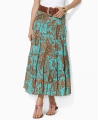Intricate paisley on soft woven cotton exudes rich femininity in a flowing, tiered silhouette, from Lauren by Ralph Lauren. Intricate paisley on soft woven cotton exudes rich femininity in a flowing, tiered silhouette, from Lauren by Ralph Lauren.