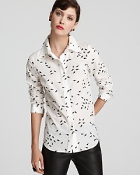 Embrace a different kind of animal print with this Milly top featuring a unique bird print. Mix it up by wearing the sleeves long, or rolled up with stacks of bracelets. Embrace a different kind of animal print with this Milly top featuring a unique bird print. Mix it up by wearing the sleeves long, or rolled up with stacks of bracelets.