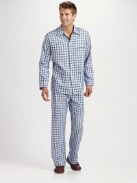 The height of nighttime luxury in premier woven cotton with a brushed texture and classic plaid pattern. Machine wash. Imported.SHIRTSpread collarButtonfrontThree front pocketsPANTSSide elastic waist insetsNo flySide pocketsInseam, about 31 The height of nighttime luxury in premier woven cotton with a brushed texture and classic plaid pattern. Machine wash. Imported.SHIRTSpread collarButtonfrontThree front pocketsPANTSSide elastic waist insetsNo flySide pocketsInseam, about 31