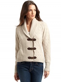 THE LOOKCable-knit designRibbed shawl collarAdjustable front leather straps with bucklesConcealed front snapsLong sleeves with ribbed cuffsRibbed hemTHE FITAbout 22 from shoulder to hemTHE MATERIALCashmereCARE & ORIGINDry cleanImportedModel shown is 5'8 (173cm) wearing US size Small. THE LOOKCable-knit designRibbed shawl collarAdjustable front leather straps with bucklesConcealed front snapsLong sleeves with ribbed cuffsRibbed hemTHE FITAbout 22 from shoulder to hemTHE MATERIALCashmereCARE & ORIGINDry cleanImportedModel shown is 5'8 (173cm) wearing US size Small.
