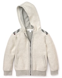 Classic style, everyday. From Burberry, a cozy hooded sweatshirt with sweet details like tonal check patches, ribbed trim and logo zip pull. Classic style, everyday. From Burberry, a cozy hooded sweatshirt with sweet details like tonal check patches, ribbed trim and logo zip pull.