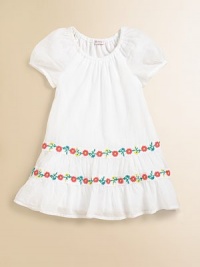 Rendered in airy cotton, this breezy frock in a drop-waist silhouette is blooming with embroidered flowers and tiered ruffles.ScoopneckShort puff sleevesPullover styleTiered hemCottonMachine washMade in USA Rendered in airy cotton, this breezy frock in a drop-waist silhouette is blooming with embroidered flowers and tiered ruffles.ScoopneckShort puff sleevesPullover styleTiered hemCottonMachine washMade in USA