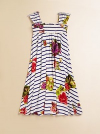 She'll never want to remove this flouncy, frilly frock with a smocked bodice, colorful floral detail and contrasting stripes.Square neckline with ruffle trimWide straps with ruffle trimPullover styleSmocked bodiceFull skirt95% viscose/5% elastaneMachine washImported She'll never want to remove this flouncy, frilly frock with a smocked bodice, colorful floral detail and contrasting stripes.Square neckline with ruffle trimWide straps with ruffle trimPullover styleSmocked bodiceFull skirt95% viscose/5% elastaneMachine washImported