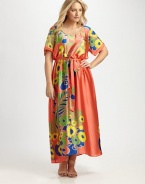 Add a lively print to your wardrobe with this silky maxi dress. This design offers arm coverage and a waist-defining belt to give you the perfect hourglass silhouette. ScoopneckShort sleevesAllover printSelf-tie beltAbout 45 from natural waist60% silk/40% polyesterDry cleanMade in USA