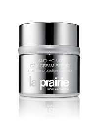 FIGHT BACK AGAINST SKIN AGING AND SUN DAMAGEGenetic dispositions, UV exposure and pollution lead to the dynamic and complex phenomenon of skin aging, which includes loss of elasticity and firmness, skin fragility, and appearance of fine lines and wrinkles. Anti-Aging Day Cream SPF 30, a cellular protection complex, helps you fight back, offering superior protection against UVA and UVB rays, inflammation and environmental stresses while it stimulates cell turnover, boosts collagen production and prevents fine lines and wrinkles.Anti-Aging Day Cream SPF 30 also contains La Prairie's exclusive Cellular Complex, which helps stimulate the skin's natural repair process, moisturizing and energizing with nutrients that encourage optimal functioning.