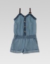 A bleached denim one-piece is given a pretty update with ruffled trim, signature web straps, bow and GG heart detail.Sweetheart necklineSleevelessFront snapsElastic waistbandCuffed hemSilk liningLyocellDry cleanMade in Italy Please note: Number of snaps may vary depending on size ordered. 