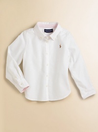 An all-season favorite and wardrobe essential in soft cotton oxford. Button-down collar Long sleeves with button barrel cuffs Button placket Embroidered polo pony logo Back yoke and box pleat Shirttail hem Cotton Machine wash Imported Please note: Number of buttons may vary depending on size ordered. An all-season favorite and wardrobe essential in soft cotton oxford. Button-down collar Long sleeves with button barrel cuffs Button placket Embroidered polo pony logo Back yoke and box pleat Shirttail hem Cotton Machine wash Imported Please note: Number of buttons may vary depending on size ordered.